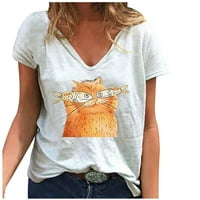 HHEI_K Женски случайни модни модни разхлабени тениски с тениска с v-образно деколте отпечатани кратки върхове с къси ръкави за жени за жени