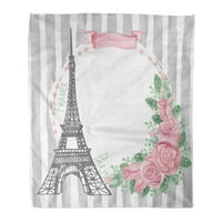 Хвърлете одеяло топло уютно печат фланелен сладък Париж Айфелова кула акварелни розови рози сиви ивици Doodle Sketchict Room Удобно меко за диван и диван