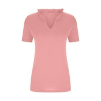 Komiseup блузи за жени, летни жени обикновен цвят свободни блузи с къс ръкав модерни върхове V-образни секси тениски