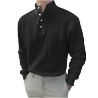 Мъжки небрежно дъно риза плюс размер плътно цветен бутон v-образно стойка яка с дълъг ръкав горна блуза удобна шезлонг пуловер тийнейджъри черни xxl