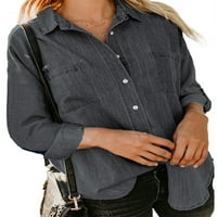 Grianlook жени Разхлабени ризи за деним от ревера с джобове със солиден цвят блуза Работа извита подгъва на джинска риза черна 3XL