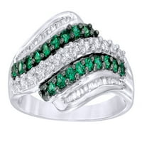 Зелено -бял естествен диамантен вълнов пръстен в 10K бяло злато