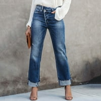 Ketyyh-chn женски панталони модерни средни издигащи се разкъсвани модни дънки за модни панталони с джобове синьо, s