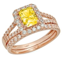 1. CT Brilliant Emerald Cut Симулиран жълт диамант 14K розово злато халианс с акценти булчински комплект SZ 3.5