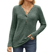 Оребрена плетен плот за жени падане зима ежедневен дълъг ръкав 2-бутони v шия обикновена пуловер тениски удобни блузи