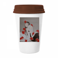 Красота червено цвете китайски стил акварелна халба кафе пиене стъклен керамика Cerac Cup капак