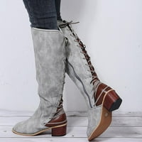 Symoid Womens Boots- Ботуши ретро обувки Небрежни дебели ботуши с нисък ток плюс средна телешка дантела нагоре ботуши сиво 41
