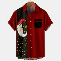 Одеерби графични плажни ризи за мъже ежедневни солидни бутони Коледа Дядо Коледа Печат блуза с джобна ревера с късо ръкав риза Бургундия