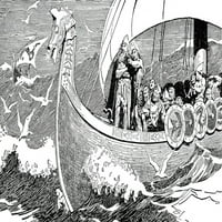 Лейф Ериксон. Nnorse Mariner и Adventurer. Лейф Ериксон и неговият викинг екипаж в морето. Рисуване, американски, началото на 20 век. Печат на плакат от