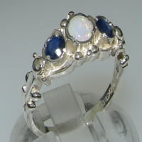 Британски изработени 18k бяло злато Natural Opal & Sapphire Womens Trilogy Ring - Опции за размер - размери до налични