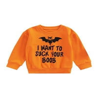 Binwwede Toddler Boys Girls Halloween Sweatshirt, Letter Skelet Pumpkin Print Crew-Neck Long Loweve Pullover Топс за деца, 2- години