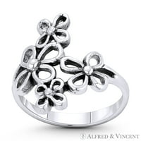 Daisy Flower Cluster Широко-Продължавайте чара на дясната ръка Boho Ring Ring в окислен. Стерлинг сребро