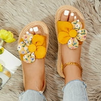 Boho жени плоски чехли летни бохемски стил слама отдолу флорални печат плажни чехли неплъзгащи се ежедневни отворени сандали с жълт размер 9
