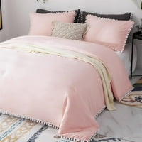 POM POM Comforter Set King Size, Solid Color Farmhouse спално бельо с бяла топка с ресни, ултра мека и дишаща измита микрофибър Comforter -