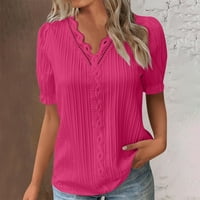 Плюс размери върхове за жени женски V-образно деколте с къси ръкав твърди дами блузи летни ризи за жени горещо розово xxl