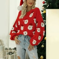Keusn коледен пуловер за жени модерен сладък Дядо Коледа Печат блузи празничен екипаж Врат пуловер пуловер червено S