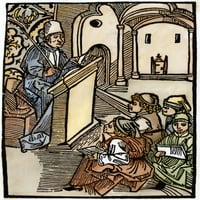 Образование: Френско училище. NA 15 -ти век, който държи превключвател, със своите ученици. Съвременна дърворезба. Печат на плакат от