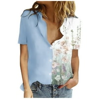 Ризи за копче за жени с къси ръкави върхове блузи редовно прилепнали тениски пуловер тениски върхове флорални тениски тениски v върхове на шията ежедневни блузи бутон нагоре бутон надолу тениски дишащ синьо