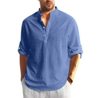 Мъжки плажни ризи свободни тениски с дълъг ръкав за мъже плюс размер Henley Roll Up Fall Business Небрежни върхове Мъжете солиден цвят бутон за есен за мъже Сини m