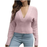 WHLBF пуловери за жени за жени, есенни жени ежедневни удобни пуловер с v-образно деколте с дълъг ръкав