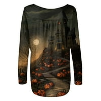Strungten Women Mashion Casual Long Dongleve Halloween Buttons Print Round-Dect Pullover Top Blouse