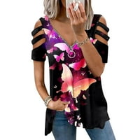 Hhei_k Женски моден ежедневен печат свободен цип с къс ръкав тениски върхове блуза за големи тениски за жени