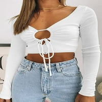Кокопеанти ризи с дълъг ръкав за жени секси върхове на халтер от кожата тънки тениски на тениски Deep V Neck Hot Girl Streetwear Yoga
