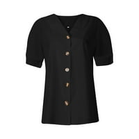 Върхове за жени модни ежедневни плътни цветове v бутон за шия разхлабена риза с къс ръкав отгоре