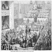 Лондон: Оркестър, 1846. Концертният оркестър на Njullien и четири военни групи в театър Ковънт Гардън, Лондон, Англия. Гравиране на дърва, английски, 1846. Плакат печат от колекция Granger
