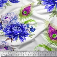 Soimoi Purple Polyester Crepe Fabric Peacock Feather & Blue Floral Print Fabric по двор